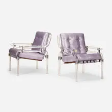 Jeff Messerschmidt, Pipe Line Chairs, pair, 1972, Lucite, aluminum, leather, upholstery