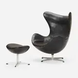 Arne Jacobsen, Early Egg chair and ottoman, 1958, leather, cast aluminum, plastic