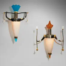 Dan Dailey, Male and Female Sconces with Blue Headdress and Prisms, pair, 1999, crystal, pâte de verre, hand-blown glass, nickel-plated, patinated, and gilt bronze