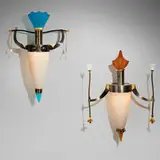 Dan Dailey, Male and Female Sconces with Blue Headdress and Prisms, pair, 1999, crystal, pâte de verre, hand-blown glass, nickel-plated, patinated, and gilt bronze