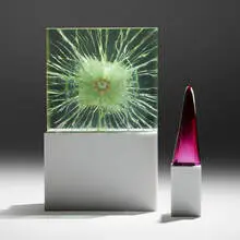 485 Projectile Impact by Harvey Littleton, 1984, laminated bulletproof glass shot with a rifle, hot-worked glass, sold Sep 2024
