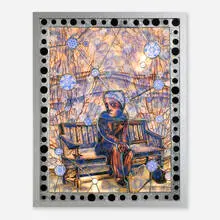 Judith Schaechter, He’s Haunted, 2005, sandblasted, engraved, and enameled stained glass, copper foil, paint, lightbox