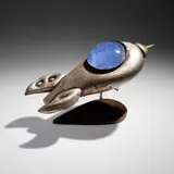 Rik Allen, Untitled (Rocketship), 2008, hand-blown glass, silver leaf, patinated steel