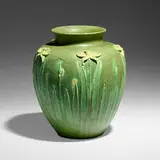 Rare and Exceptional vase with daffodils by Gertrude Stanwood for Grueby Faience Company, 1899-1910, glazed earthenware, sold Sep 2024