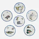 Six plates from the Rousseau service by Félix Bracquemond for Creil-Montereau, c. 1867, glazed, hand-decorated, and transfer-printed faience, sold Sep 2024