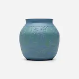 Vase with stylized figures on a stroll by Elizabeth and Mary Frances Overbeck for Overbeck Pottery, c. 1925, carved and glazed earthenware, sold Sep 2024