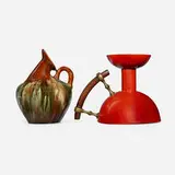 Christopher Dresser, Pitcher and candlestick, glazed earthenware, enameled metal, brass, wood