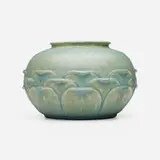 Vase with leaves by Gertrude Priest for Grueby Faience Company, 1899-1910, glazed earthenware, sold Sep 2024