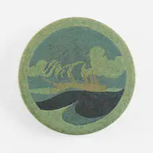 Marblehead Pottery, Fine trivet tile with ship, 1908-16, glazed earthenware with wax-resist decoration