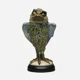 Wally-bird tobacco jar by Robert Wallace Martin for Martin Brothers Pottery, 1901, salt-glazed stoneware, ebonized wood, sold Sep 2024