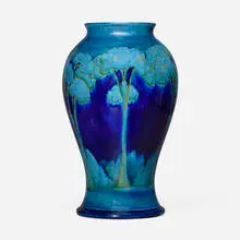 Tall Moonlit Blue vase by Moorcroft Pottery, c. 1930, glazed earthenware, sold Sep 2024