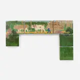 Rare six-tile oxen frieze from the library fireplace at Dreamwold by Addison LeBoutillier for Grueby Faience Company, c. 1902, glazed earthenware decorated in cuenca, sold Sep 2024
