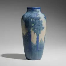 Scenic vase with palmettos by Newcomb College Pottery, 1917, glazed earthenware, sold Sep 2024