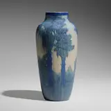 Newcomb College Pottery, Scenic vase with palmettos, 1917, glazed earthenware