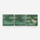 Three-tile frieze with water lilies by Grueby Faience Company, c. 1905, glazed earthenware decorated in cuenca, sold Sep 2024