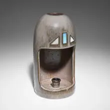 Fulper Pottery, Vasekraft canopy candle holder, c. 1917-23, glazed stoneware, leaded glass