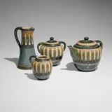 Henrietta Bailey for Newcomb College Pottery, Rare and Early tea set with wheat motif, 1901, carved and glazed earthenware