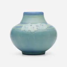 Transitional vase with spiderwort by Henrietta Bailey for Newcomb College Pottery, 1913, glazed earthenware, sold Sep 2024