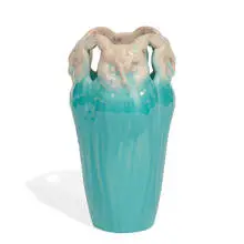 Michael Andersen & Son, Art Nouveau vase in mottled beige and turquoise glazes with five owls surrounding the rim, shape number 656, Denmark