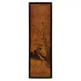 Art Nouveau, marquetry plaque depicting a landscape with a heron amongst cattails and water lilies