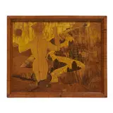 attribution Viennese Secessionist, rectangular marquetry tray depicting a nude male figure with a serpent, in a sunlit mountainous landscape, Austria