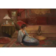 Hubert Emile Bellynck, Interior Scene of a Woman and Cat, 1891