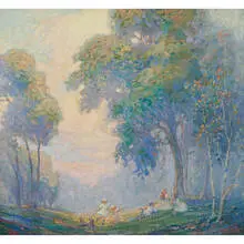 Misty Morning with Children and a Dog, 1921 by Glen C. Sheffer, sold Apr 2022