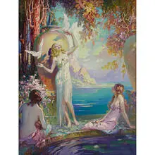 Three Maidens in a Lily Pool Garden Scene near a Mountainous Lake Landscape by Glen C. Sheffer, sold Apr 2022