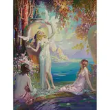 Glen C. Sheffer, Three Maidens in a Lily Pool Garden Scene near a Mountainous Lake Landscape