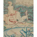 Hubert Ropp, Art Deco Fantasy Landscape with Nude Woman, Egret and Deer