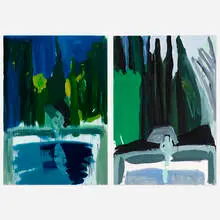 Jennifer Bartlett, In the Garden III, #7 (diptych), 1982, enamel on glass (left) and gouache on paper under glass (right)
