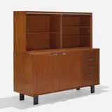cabinet, model 4937 and bookcase, model 4935 by George Nelson & Associates, 1946, walnut, glass, aluminum, sold Feb 2020