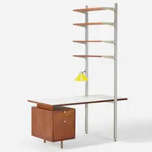 CSS (Comprehensive Storage System) by George Nelson & Associates, 1959, walnut, laminate, acrylic, brushed aluminum, sold Feb 2020