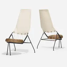 Tony Paul, lounge chairs, pair, c. 1954, enameled steel, rattan, cotton, brass