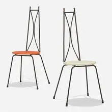 Tony Paul, chairs, pair, c. 1954, enameled steel, vinyl, brass
