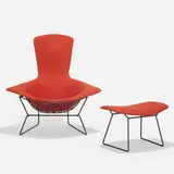 Harry Bertoia, Bird chair and ottoman, 1952 / 1980, chrome-plated steel, upholstery, rubber