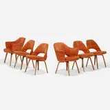 Eero Saarinen, dining chairs, set of six, walnut plywood, Jack Lenor Larsen upholstery