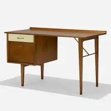 desk by Milo Baughman, c. 1950, birch, painted wood, brass, sold Feb 2020