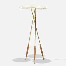Gerald Thurston, floor lamp, c. 1955, enameled aluminum, brass, walnut