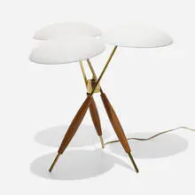 Gerald Thurston, table lamp, c. 1955, walnut, enameled steel, brass