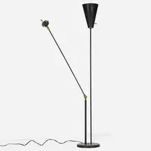 David Wurster, floor lamp, c. 1952, enameled steel, enameled aluminum, birch, brass