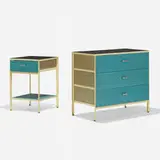 Steelframe cabinet, model 4011 and nightstand, model 4051 by George Nelson & Associates, 1950, enameled steel, lacquered wood, laminate, aluminum, sold Feb 2020
