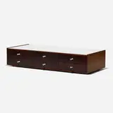 Miniature cabinet by George Nelson & Associates, 1952, laminate, rosewood, stained teak, walnut, porcelain, brass, sold Feb 2020