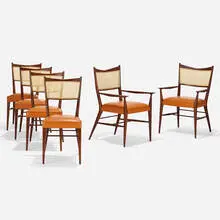 Directional dining chairs, set of six by Paul McCobb, c. 1952, mahogany, leather, cane, brass, sold Feb 2020