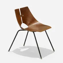 Ray Komai, chair, 1949, molded walnut plywood, enameled steel, stainless steel, aluminum, rubber