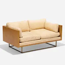 Milo Baughman, settee, c. 1968, burled olive, upholstery, brass