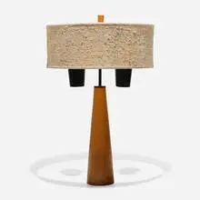 table lamp, model 2003 by Paul McCobb, 1951, maple, enameled steel, burlap, sold Feb 2020