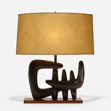 Lee Rosen, table lamp, c. 1951, glazed stoneware, maple, brass, fiberglass