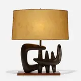 Lee Rosen, table lamp, c. 1951, glazed stoneware, maple, brass, fiberglass
