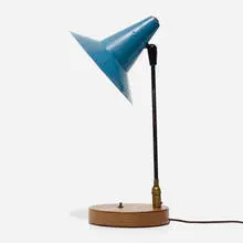 attribution Gilbert Watrous, table lamp, c. 1951, enameled aluminum, mahogany, enameled steel, brass